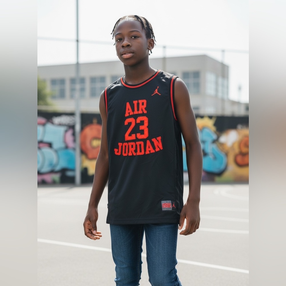 Air Jordan #23 Michael Jordan Red and Black Sleeveless Jersey Youth 12-13yrs